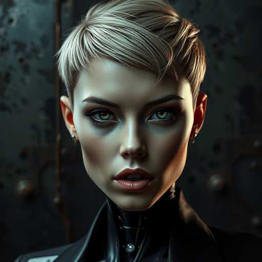 The image shows a close-up portrait of a woman with blonde hair styled into a short bob and wearing a black leather jacket. The background is dark and features a metal door with a large hole in it.