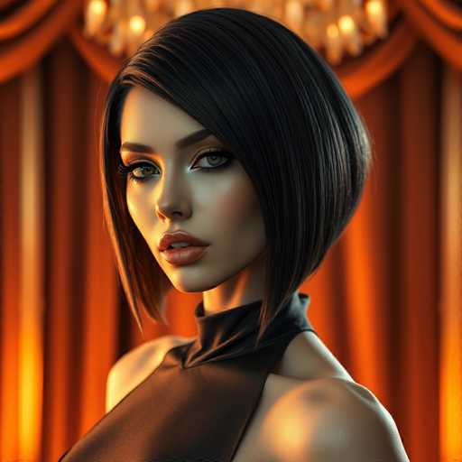 A woman with short black hair is the main subject of this image. She has a striking look and her gaze is directed straight at the camera. The background features an orange curtain that adds a warm hue to the scene. There are no other discernible objects or texts in the image, making it a simple yet visually appealing composition.