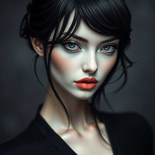 A hyper-realistic, futuristic portrait showcases a seductive gynoid with porcelain skin and raven-black hair. Her sharp features are accentuated by sleek silver eyeliner and a vibrant, glossy red lipstick. The close-up emphasizes her intense gaze against a blurred dark grey backdrop, highlighting soft lighting and high contrast.