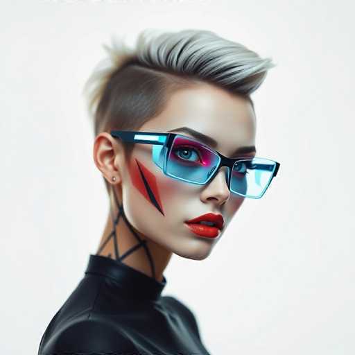 A woman with short blonde hair and blue glasses is the main subject of this image. She has a striking red lip color that contrasts with her blue glasses. The background is white, which makes her features stand out even more.
