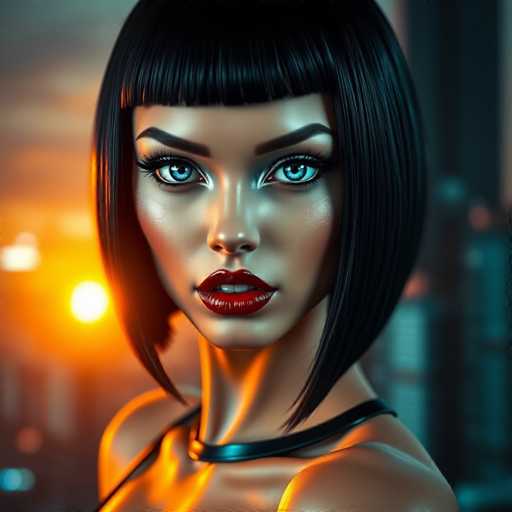 A strikingly beautiful gynoid commands attention with her piercing blue eyes and crimson lips, framed by a glossy black bobbed wig. The warm sunset casts a cinematic glow on her face, highlighting intricate silver eyeshadow. She's positioned against a blurred cityscape backdrop, embodying cyberpunk chic with hyper-realistic detail and sharp focus.