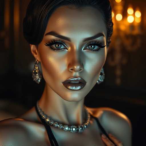 A captivating close-up features a strikingly beautiful gynoid, her makeup and hairstyle exuding sophistication. She wears a glamorous metallic silver lipstick and ornate jewelry in a dimly-lit boudoir, bathed in soft golden light. The hyper-realistic portrait showcases high contrast and sharp focus, creating a cinematic, futuristic fashion aesthetic.