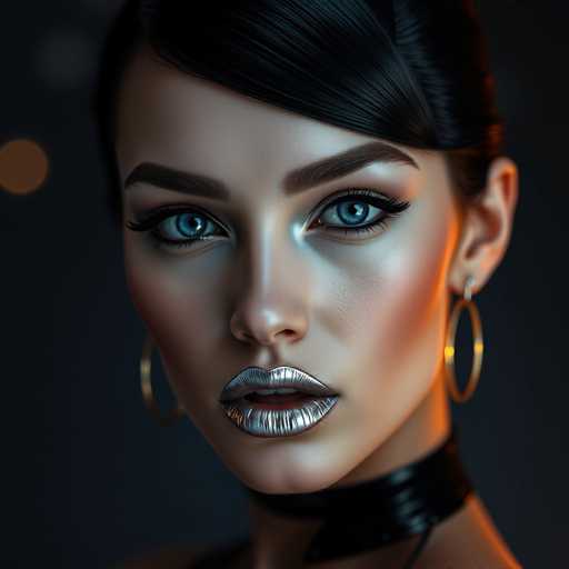 A hyper-realistic, cinematic close-up features a seductive gynoid with striking blue eyes. Her metallic silver lipstick and sleek, high-gloss black hair create a futuristic aesthetic. The dark, gradient background is accented by subtle golden lighting, emphasizing the subject's sharp focus and glamorous beauty.