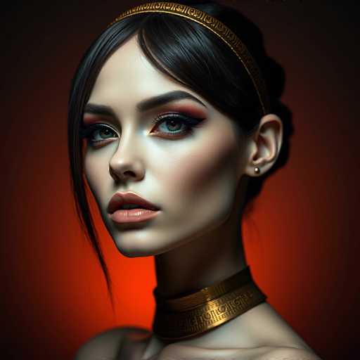 A captivating close-up features a strikingly beautiful gynoid with meticulously styled dark hair, adorned with a metallic gold headband and choker. Her sophisticated makeup accentuates piercing teal eyes and full lips, set against a dark, gradient backdrop. The image embodies a futuristic, cinematic aesthetic with sharp focus and high-contrast lighting, showcasing avant-garde fashion.