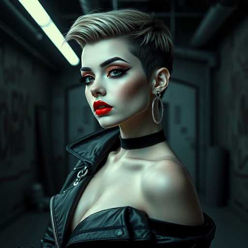 A strikingly glamorous gynoid commands attention in a modern, industrial-chic studio. Her sharp pixie cut and bold geometric makeup are highlighted by high-contrast, monochromatic lighting. The hyper-realistic image features an edgy fashion aesthetic, with a focus on the subject's intense gaze and confident pose.