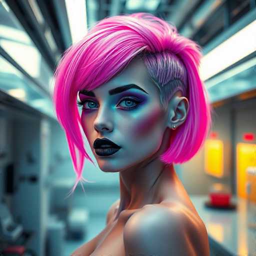 A strikingly beautiful gynoid commands attention in a futuristic lab, her vibrant neon pink hair and glow-in-the-dark makeup highlighting captivating sapphire eyes and bold black lips. The deep depth of field emphasizes her artificial yet alluring beauty within the sleek, high-tech setting under harsh industrial lighting. 

**Main Subjects:** Gynoid (artificial humanoid), laboratory environment.
**Spatial Relationship:** The gynoid is centrally positioned, drawing focus within the blurred background of the lab.
**Art Style:** Sci-fi, high-fashion editorial with a focus on artificial beauty and dramatic lighting.