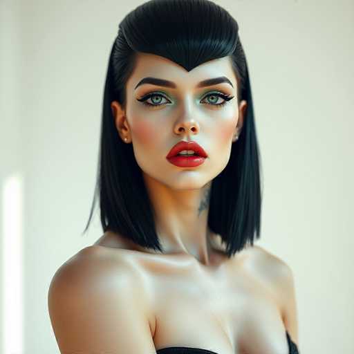A woman with long black hair and a tattoo on her neck is the main subject of this image. She has striking red lipstick and green eyes that add a pop of color to her appearance. The background is white, which contrasts nicely with her dark hair and makeup, making her features stand out even more.