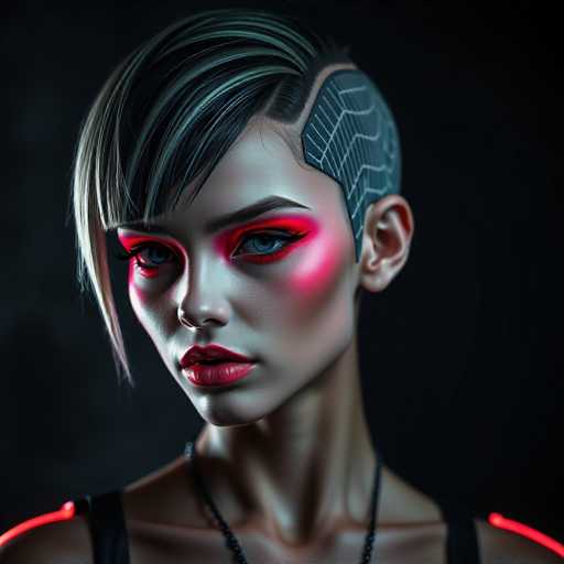 This close-up features a strikingly beautiful gynoid with a sharp, geometric hairstyle and vibrant neon makeup. The dark, gritty background is illuminated by dramatic lighting, highlighting her synthetic features in a cyberpunk-inspired, high-fashion, cinematic portrait. The focus is on the intense, mesmerizing details of her face and the futuristic aesthetic.