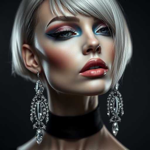 A close-up portrait reveals a glamorous gynoid with a sophisticated, asymmetrical bob and striking, hand-painted makeup. Crystal-encrusted earrings draw attention to her face, set against a dark grey backdrop. Dramatic lighting highlights her synthetic yet refined features in this cinematic, mysterious image.