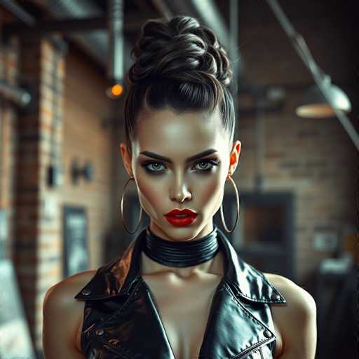 A woman with long dark hair is standing against a brick wall and wearing a black leather jacket over a white blouse. She has large hoop earrings on her ears and red lipstick on her lips. The background features a wooden ceiling with exposed beams that cast shadows onto the brick wall, creating an interesting interplay of light and shadow.