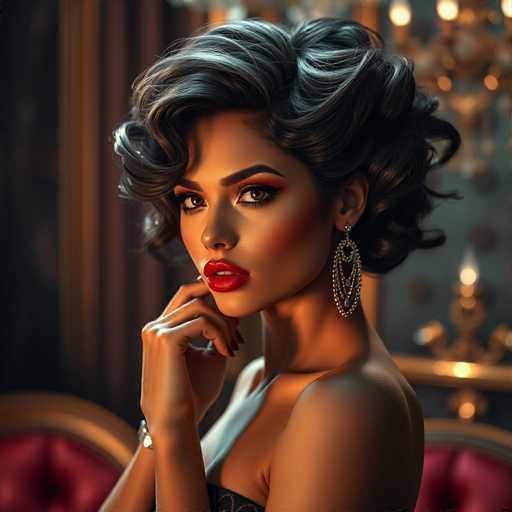 A woman with long dark hair is the main subject of this image. She has a striking red lipstick and gold earrings that catch the light beautifully. The background features a rich tapestry of gold and red hues, adding depth to the scene. The woman's pose suggests she is posing for the photo, her hand resting on her chin in a relaxed manner.