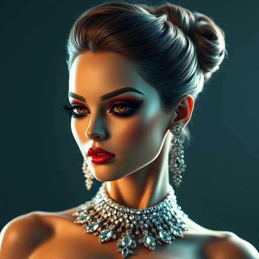 A strikingly glamorous android supermodel commands attention with her sophisticated updo, bold smoky eye, and opulent crystal necklace. The high-contrast lighting emphasizes luxurious textures and metallic accents, creating a dramatic, opulent portrait with a focus on the model's flawless features.