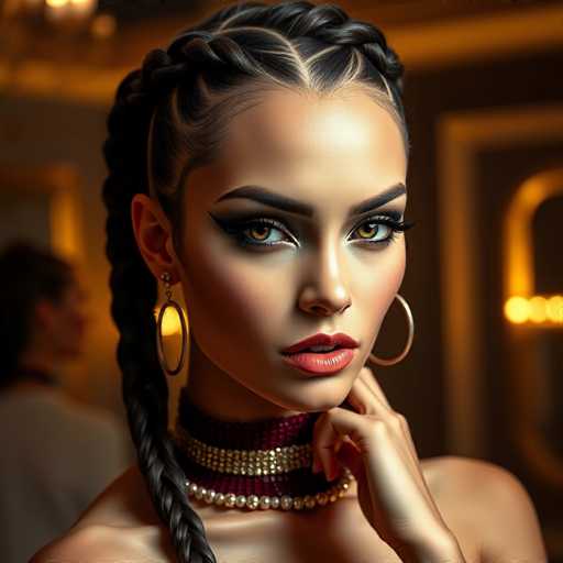 The image shows a woman with long dark hair styled into an intricate braid and wearing large hoop earrings that catch the light. She is looking directly at the camera with her hand resting on her chin in a relaxed pose. The background features a gold-colored wall adorned with a mirror, which reflects the woman's image back onto her face.