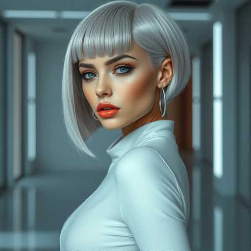 A woman with blonde hair styled in a bob and wearing a white blouse is the main subject of this image. She has blue eyes that add a pop of color to her appearance. The background features a gray hallway with multiple windows on both sides, creating an urban setting for the photo.