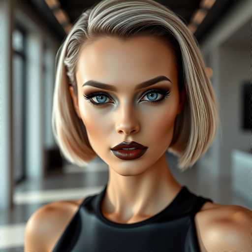 The image shows a close-up portrait of a woman with blonde hair styled in a bob cut and wearing a black dress. The background is blurred, suggesting the focus is on the woman's face and upper body.