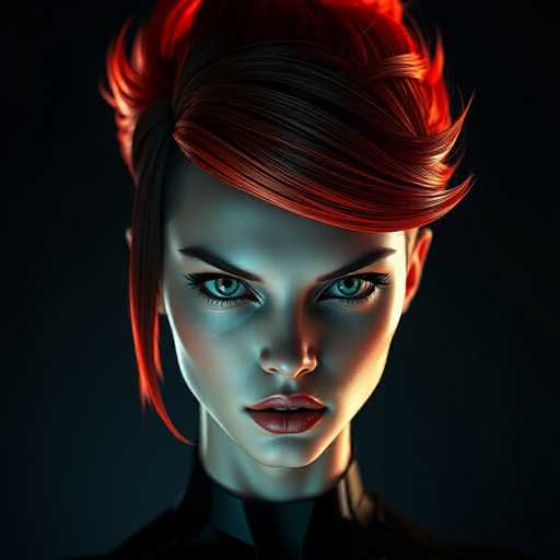 The image shows a close-up portrait of a woman with striking red hair styled into an updo and wearing a black outfit against a dark background. The woman's eyes are looking directly at the camera, creating a sense of connection between her and the viewer.