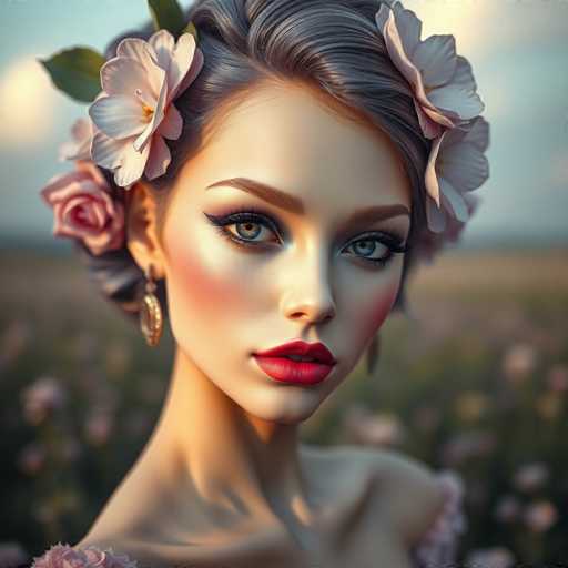 A strikingly beautiful gynoid with a floral-adorned hairstyle and watercolor makeup gazes directly at the viewer. Soft, ethereal light bathes her in a dreamy landscape of blurred pink blossoms and a shallow depth of field. Her amethyst eyes and luscious pink lips command attention, showcasing an enchanting blend of artificial beauty and fantasy in a high-fashion editorial style.