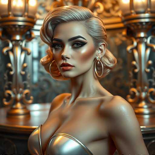 A woman with blonde hair and gold hoop earrings is the main subject of this image. She is wearing a strapless dress that shows off her shoulders and chest area. The background features a dark green color with gold accents, including a large chandelier hanging from the ceiling.