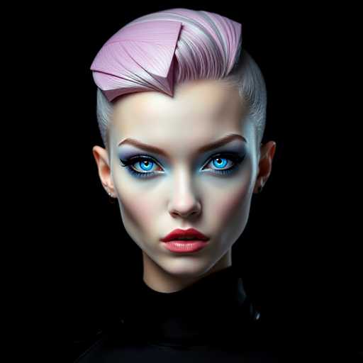 This hyper-realistic portrait features a strikingly beautiful gynoid with a sharp, geometric pink hairstyle and intensely blue eyes. The stark black background emphasizes the model's face, creating a high-contrast, futuristic aesthetic with avant-garde fashion elements. The focus is intensely sharp, highlighting the model's features in a graphic, digital style.