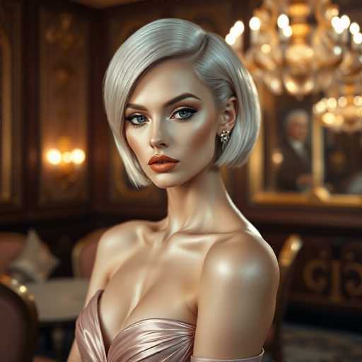 A strikingly glamorous gynoid commands attention in a high-gloss portrait, her polished features and chic bobbed hairstyle highlighted by subtle shimmer. Dressed in a luxurious gown within a lavish, baroque-inspired setting, the subject exudes high-society elegance with soft, golden lighting and a cinematic, sharp focus.