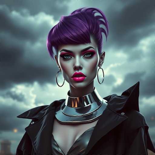 A strikingly beautiful gynoid commands attention with her vibrant purple, gravity-defying hair and bold pink lips. She wears a futuristic black coat with a statement metallic collar, set against a dramatic, stormy sky. The hyper-realistic image features sharp lighting and a cinematic composition, emphasizing edgy fashion in this captivating portrait.