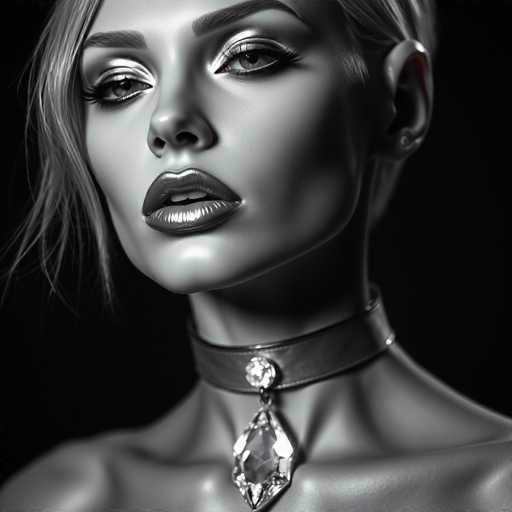 A strikingly beautiful, monochromatic gynoid commands attention with her sharp features and metallic lips. She wears a sleek silver choker adorned with a glowing crystal pendant, bathed in dramatic, film-noir lighting. The hyper-realistic image showcases a cinematic, cyberpunk chic aesthetic with sharp focus on her captivating gaze.