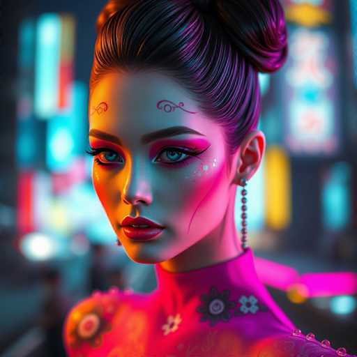 The image depicts a woman with striking blue eyes and long dark hair styled in an elegant updo. She is wearing a pink dress adorned with white flowers that adds a touch of sophistication to her appearance. The background features neon lights from the city at night, creating a vibrant and dynamic atmosphere around the woman.