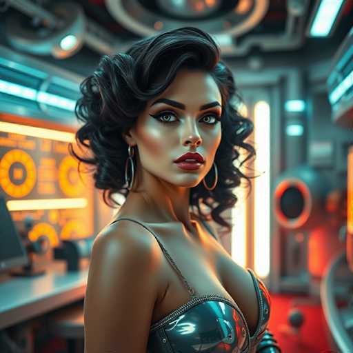 A woman with long dark hair is the main subject of this image. She has a striking red lip and is wearing a tight-fitting silver bra top that accentuates her curves. The background features a futuristic setting with neon lights and a large screen displaying a map or chart.