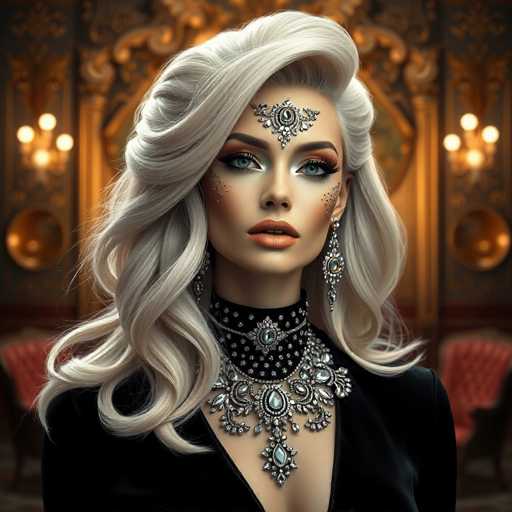 The image shows a woman with blonde hair wearing a black dress and a necklace featuring large, sparkling jewels. The background is dark and ornate, likely a chandelier or other decorative element in the room.