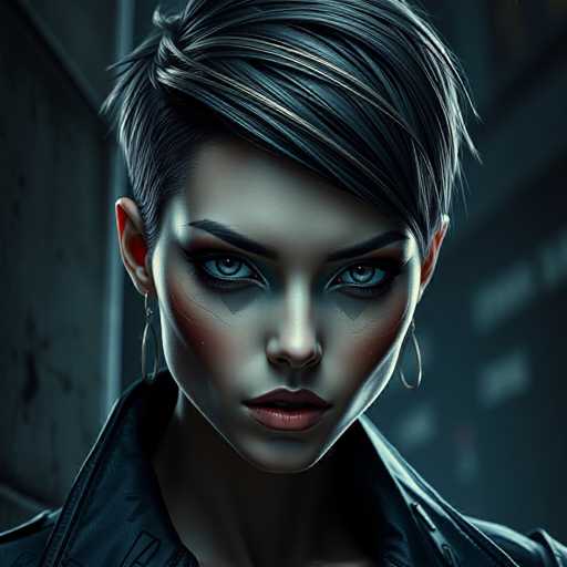 A close-up portrait showcases a sophisticated gynoid with a sharp, short hairstyle and striking geometric makeup. The dark, urban backdrop emphasizes the android's intense gaze, creating a moody, cinematic feel. The focus is on her expressive face and the interplay of light and shadow in this detailed, digital art piece.