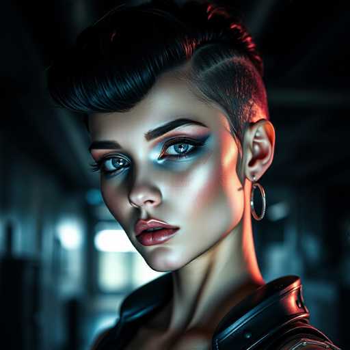 A woman with short hair and blue eyes is the central figure in this image. She is wearing a black leather jacket over a white shirt, which contrasts with her dark hair. The background features a blurred industrial setting, suggesting an urban environment or a factory.