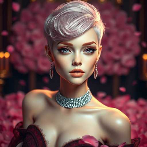 The image depicts a woman with blonde hair and blue eyes wearing a silver necklace and earrings. She is standing against a backdrop of pink flowers and a gold wall adorned with roses. The colors in the image are predominantly pink and white, creating a soft and romantic atmosphere.