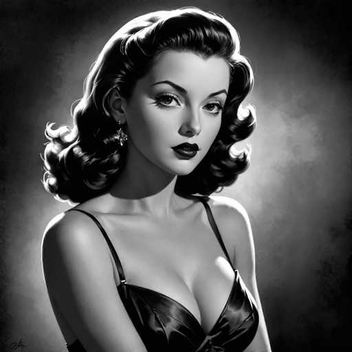 This black and white digital painting features a glamorous woman with voluminous, curled hair and dark makeup, gazing directly at the viewer. She wears a black, form-fitting garment with delicate straps. The lighting creates dramatic highlights and shadows, characteristic of a classic Hollywood portrait style.
