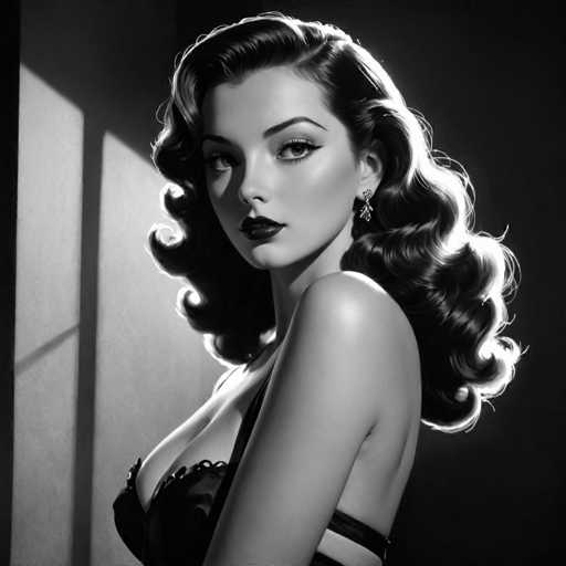 This black and white portrait features a glamorous woman with voluminous, curled hair and bold makeup, gazing directly at the viewer. She's wearing a dark, low-cut garment and wears ornate earrings. Dramatic lighting casts strong shadows, emphasizing the classic Hollywood glamour of the mid-20th century art style.