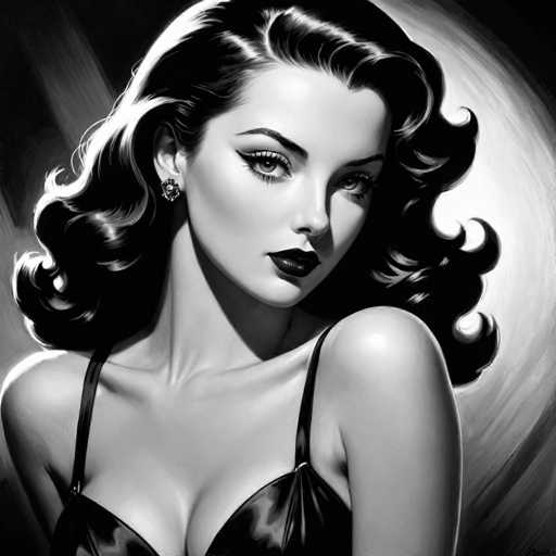 This black and white portrait features a glamorous woman with voluminous, curled hair and striking makeup. She gazes directly at the viewer, her expression alluring. The lighting creates strong highlights and shadows, emphasizing her elegant features. The art style is reminiscent of vintage Hollywood glamour, with a focus on dramatic lighting and soft curves.