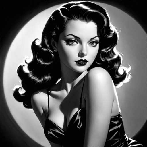 A glamorous, black and white portrait of a woman with voluminous, curled hair and bold makeup dominates the frame. She's bathed in a soft, circular spotlight, creating dramatic highlights and shadows. The focus is on her intense gaze, with a classic Hollywood aesthetic emphasizing elegance and allure.
