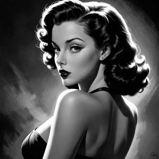 This black and white digital painting features a glamorous woman with voluminous, curled hair, looking over her shoulder. She's wearing a dark, strapless garment and has bold makeup. The lighting creates dramatic highlights and shadows, characteristic of a classic pin-up art style with a focus on elegant beauty.
