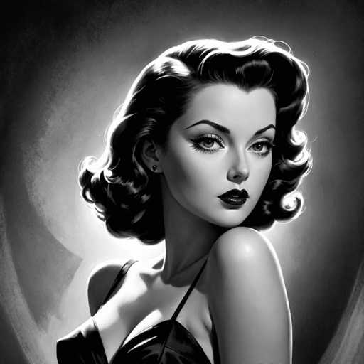 This black and white portrait features a glamorous woman with voluminous, curled hair and bold makeup. She's positioned in profile, looking directly at the viewer with a captivating gaze. The art style is reminiscent of vintage Hollywood glamour, utilizing dramatic lighting and soft shadows to create a classic, stylized aesthetic.