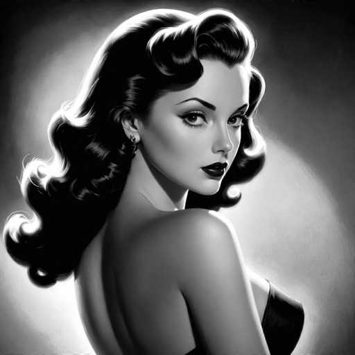 A glamorous, black and white portrait of a woman with voluminous, curled hair dominates the frame. She gazes over her shoulder, her dark lips accentuated by bold makeup. The lighting creates a dramatic spotlight effect, highlighting her elegant features and the soft curves of her figure in a classic, vintage art style.
