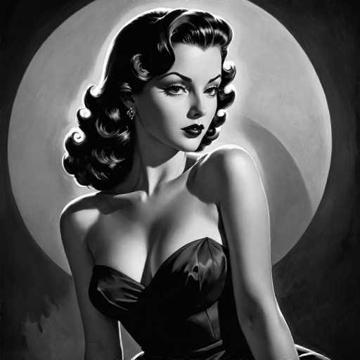 This black and white portrait features a glamorous woman in a form-fitting, strapless dress, gazing pensively to the side. A large, softly glowing moon dominates the background, creating a dramatic, vintage-inspired aesthetic reminiscent of mid-20th century art. The focus is on the woman's elegant features and dramatic lighting, emphasizing a classic Hollywood glamour.