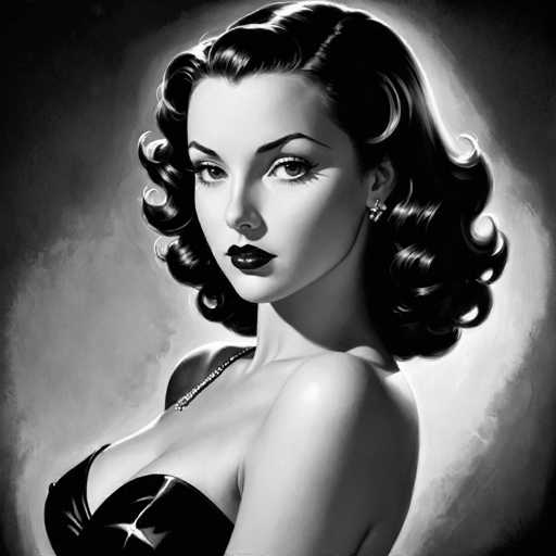 This black and white portrait features a glamorous woman with voluminous, curled hair and bold makeup. She's wearing a black, strapless top and a delicate necklace. The lighting creates dramatic highlights and shadows, typical of a vintage Hollywood glamour style, focusing on her intense gaze.