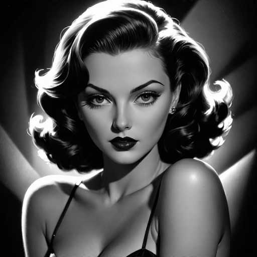 This black and white portrait features a glamorous woman with voluminous, curled hair and bold makeup, likely in a vintage Hollywood style. She gazes directly at the viewer, bathed in dramatic spotlighting that creates strong highlights and shadows. The focus is on her face, emphasizing a classic, alluring aesthetic.