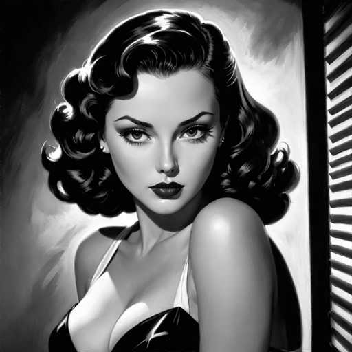 This black and white portrait features a glamorous woman with voluminous, curly hair and bold makeup, gazing directly at the viewer. She's wearing a stylish, low-cut top and has a dramatic, vintage aesthetic reminiscent of mid-20th-century fashion illustrations. The lighting creates strong highlights and shadows, emphasizing her features.