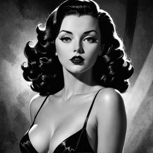 This black and white portrait features a glamorous woman with voluminous, curly hair and bold makeup, gazing directly at the viewer. She wears a dark, form-fitting garment. The lighting creates dramatic highlights and shadows, characteristic of a vintage Hollywood glamour style. The focus is on her face and upper body, emphasizing her alluring presence.