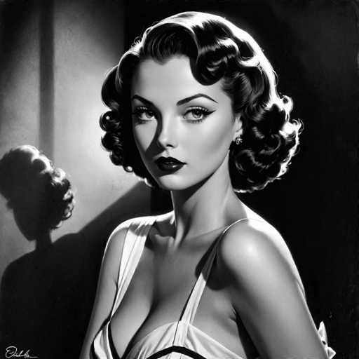 This black and white portrait features a glamorous woman with voluminous, curled hair, her gaze direct and captivating. She's positioned in the center, bathed in dramatic lighting that creates strong highlights and shadows, emphasizing her form. The art style is classic Hollywood glamour, reminiscent of mid-20th century photography with a focus on elegant composition and dramatic lighting.