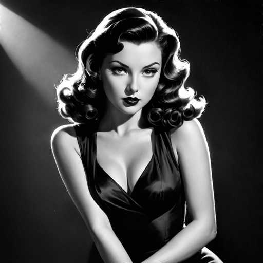 A woman with long dark hair is captured in a black and white portrait against a stark black background. She is dressed in a form-fitting dress that accentuates her curves, and she has striking red lipstick on her lips. The lighting from the right side of the image casts an ethereal glow on her face, highlighting her features and creating a dramatic effect.