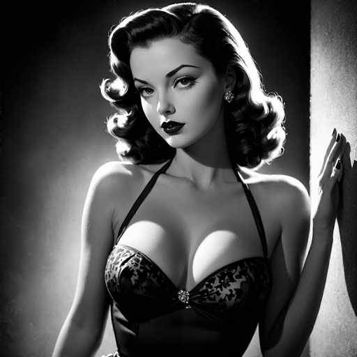 This black and white portrait features a glamorous woman with voluminous, curled hair and bold makeup, posing in a vintage style. She's wearing a halter-neck dress with a floral pattern and is positioned against a softly lit backdrop, her hand resting on a textured wall. The lighting creates dramatic highlights and shadows, characteristic of classic Hollywood glamour photography.