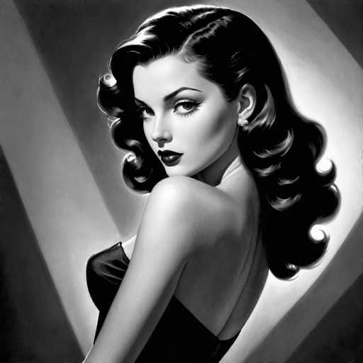 This black and white portrait features a glamorous woman with voluminous, curled hair and bold makeup, looking over her shoulder. She's wearing a strapless dress and a single earring. The lighting creates dramatic highlights and shadows, characteristic of a classic Hollywood glamour style. The spatial relationship places her in the foreground, drawing focus to her captivating gaze.