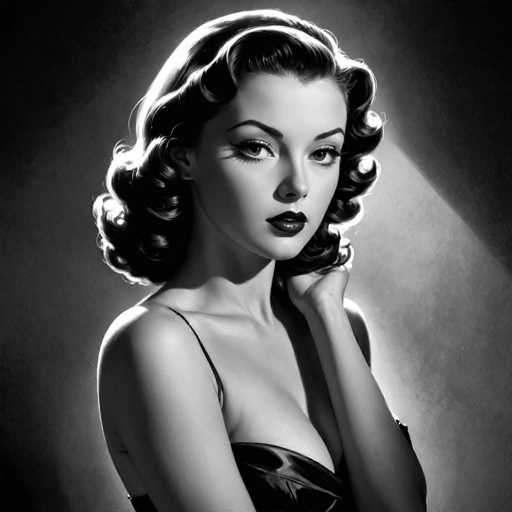 This black and white portrait features a glamorous woman with voluminous, curled hair and bold makeup, bathed in dramatic spotlight. She's positioned centrally, her gaze direct, with one hand gently resting on her chin. The art style evokes a vintage Hollywood glamour aesthetic, reminiscent of mid-20th century photography.
