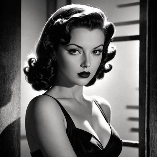 This black and white portrait features a glamorous woman with voluminous, curled hair and bold makeup, gazing directly at the viewer. She wears a dark, form-fitting garment. The lighting creates dramatic highlights and shadows, characteristic of classic Hollywood glamour photography. The spatial relationship places her centrally framed against a softly lit background, emphasizing her captivating presence.